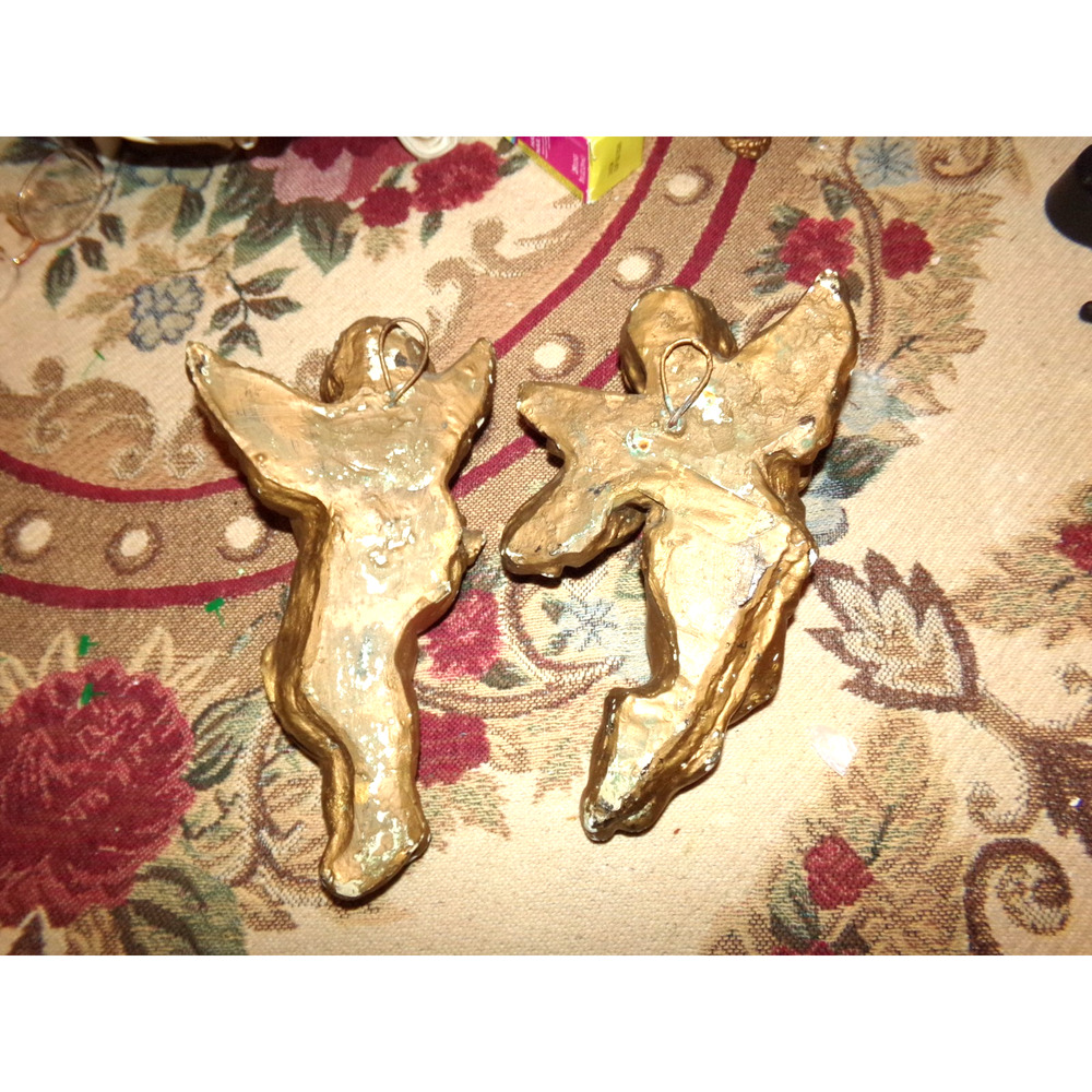 VINTAGE ANGELS CHERUBS WALL PLAQUES (2) GOLD CERAMIC/CHALK - Picture 5 of 8